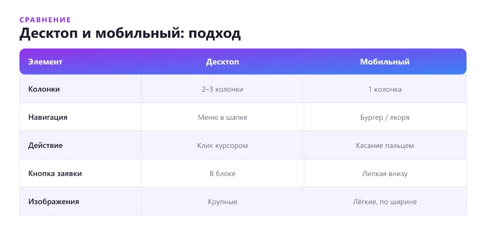 Сравнение десктопного и мобильного подхода к лендингу