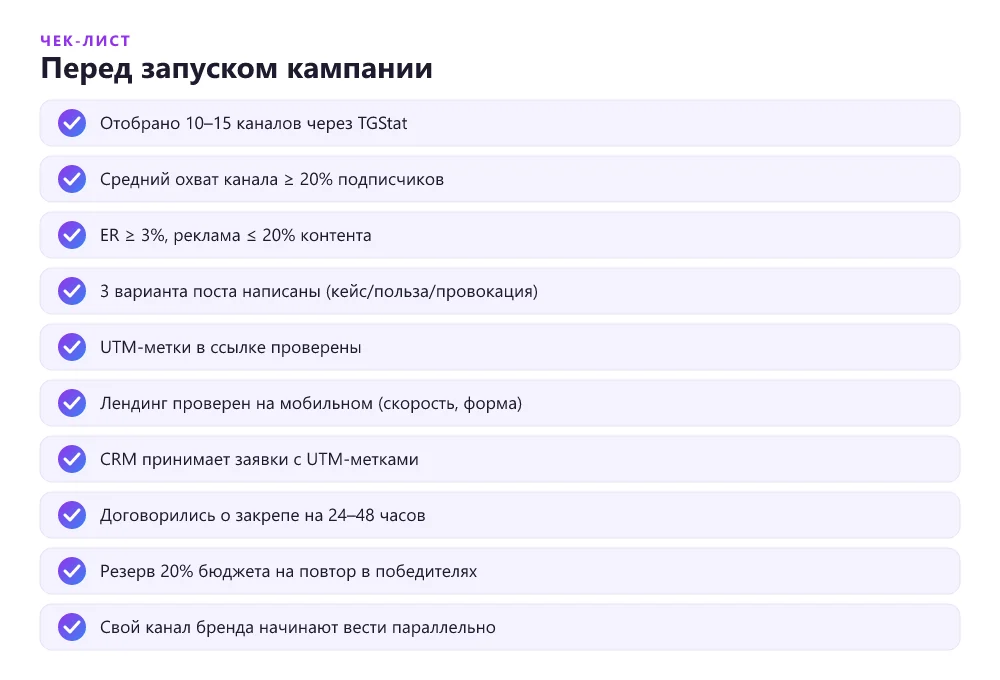 Финальный чек-лист посевов и Telegram Ads